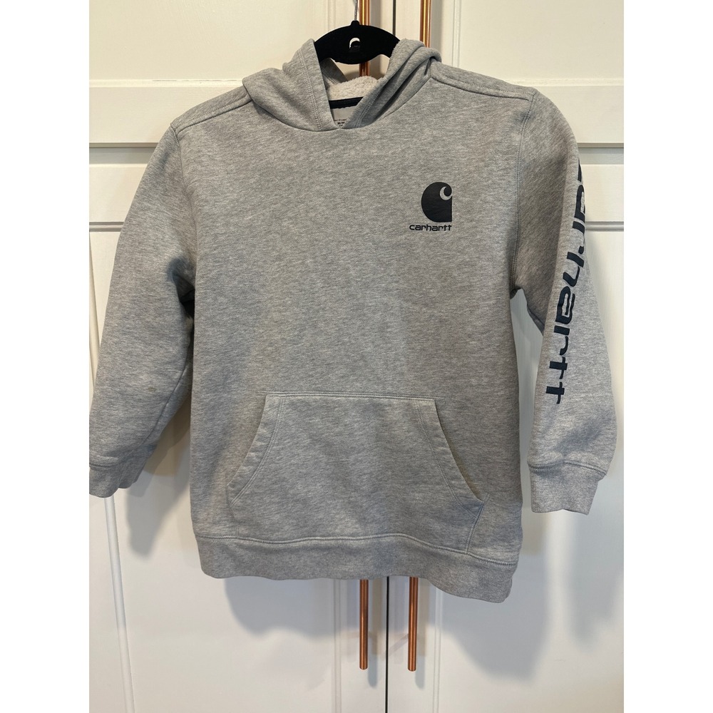 Carhartt Kids Gray Hoodie Sweatshirt Logo Sleeve Size M 10 12 casual winter